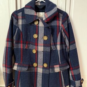American Eagle Outfitters Navy and Red Plaid Pea Coat